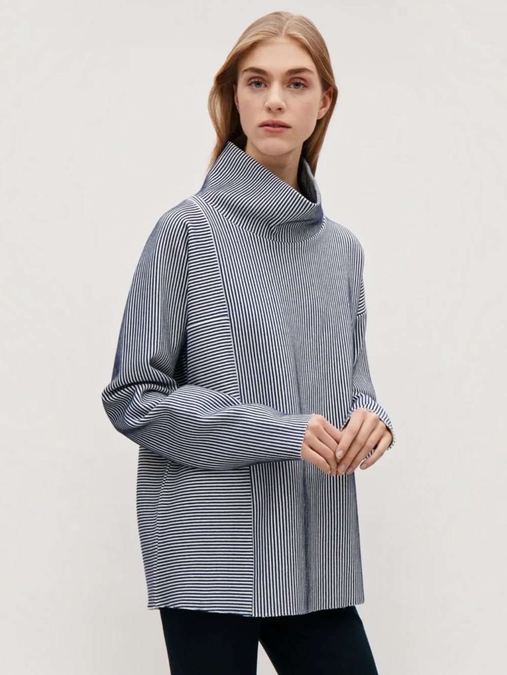 COS • High-Neck Ribbed Top in Navy/White